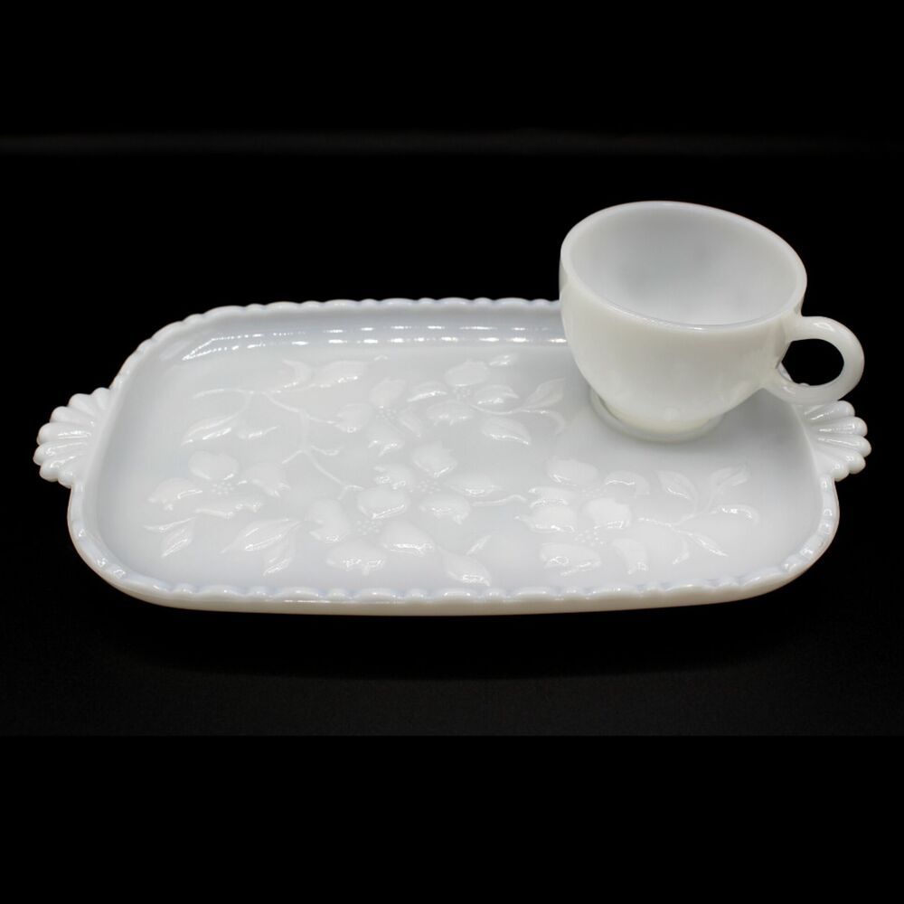 Vintage Hazel Atlas Luncheon Plate Cup Set Milk Glass Dogwood Apple Blossom